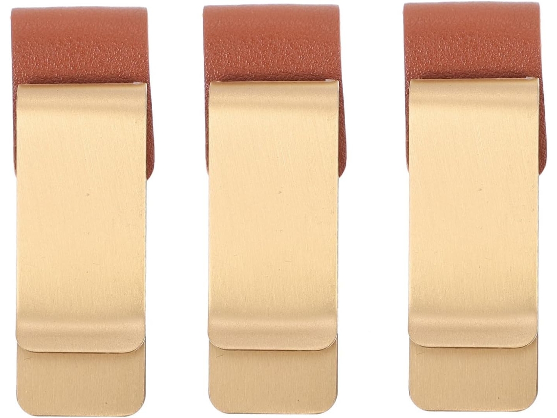 Clips metálicos profissionais para mesa e escola, conjunto de 3 peças em aço inoxidável e couro dourado para organizar papéis.