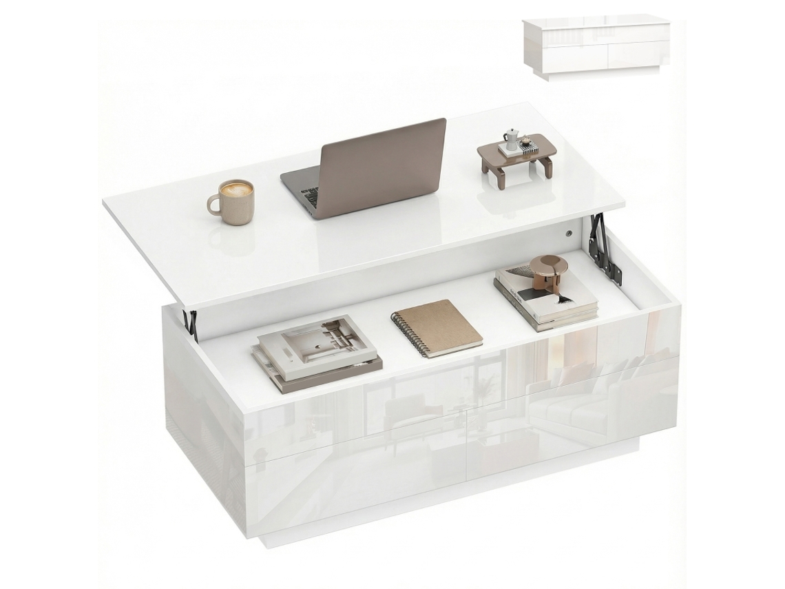 Mesa De Centro Ajustável Moderna Com Armazenamento Oculto E 2 Gavetas Em Branco Brilhante Para Sala De Estar