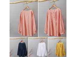 Blusa Casual Feminina de Algodão com Gola Redonda e Mangas Longas Loose Top Cor Sólida