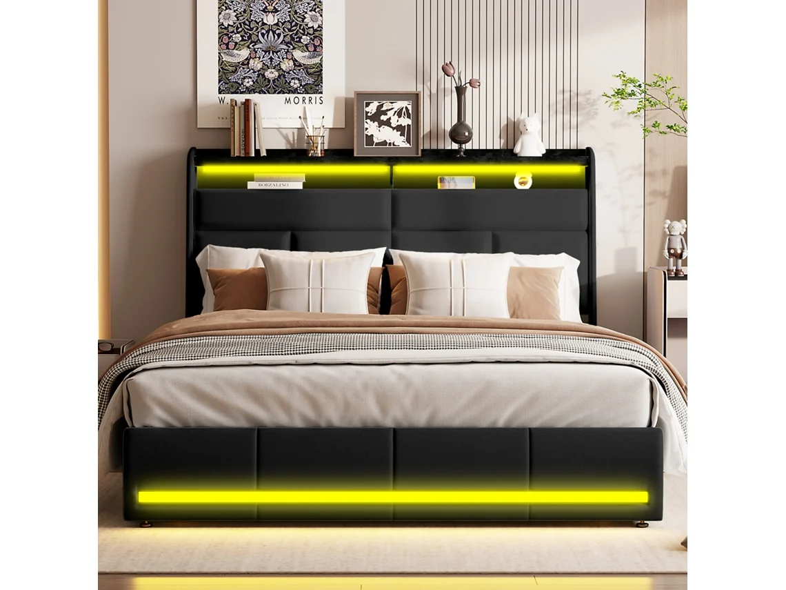 Cama Estofada 160x200 cm com Iluminação Led, Estrado de Ripas com Sistema Hidráulico e Espaço de Arrumação, Preta