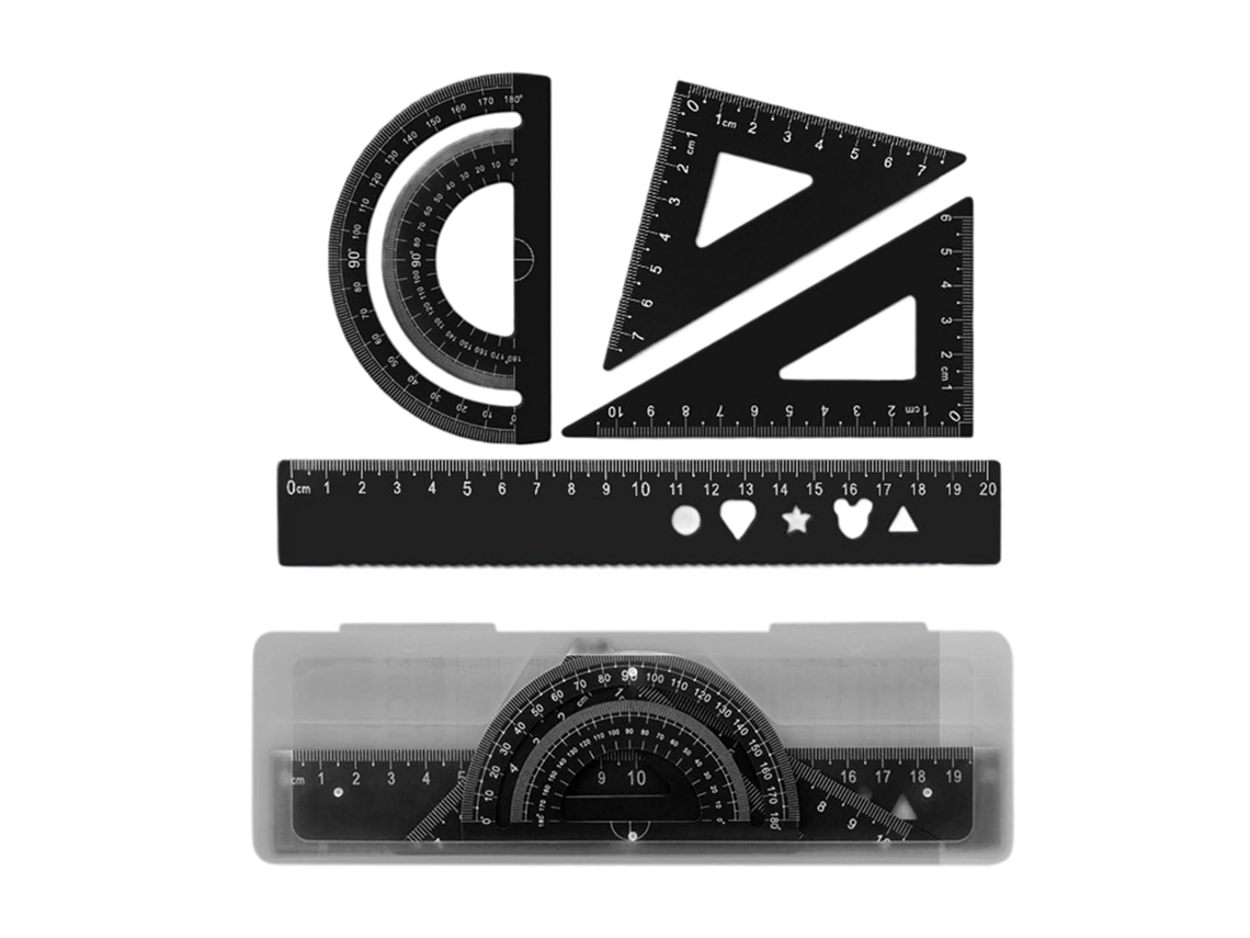 Conjunto de 4 réguas de metal para matemática, geometria, triângulos, ferramentas de design e materiais de desenho.