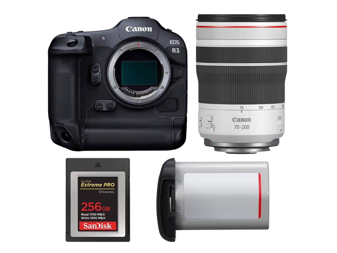 Eos R3 + Rf 70 200mm F/4 L Is Usm + 1 Sandisk 256gb Extreme Pro Cfexpress Type B + Canon Lp e19 + Ebook “20 Dicas para Fotos Que Impressionam” CANON