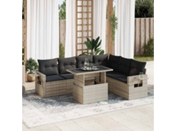 Vidaxl 7 Pcs Conj. Sofás Jardim Com Almofadões Vime Pe Cinzento-claro