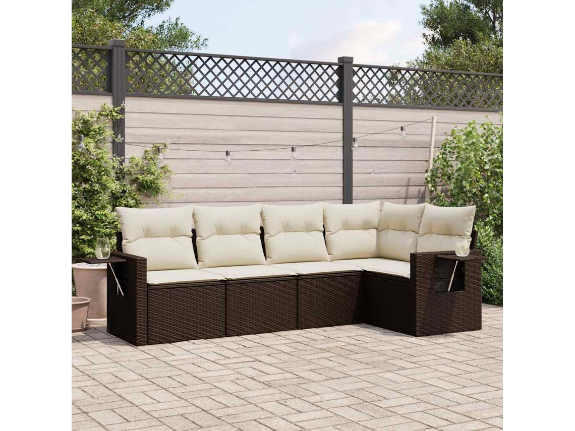 Jogo 5 Peças Sofás P/ Jardim C/ Almofadões Vime Pe Marrom Dkd Home Decor