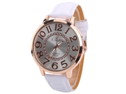 Relógio de Pulso Feminino com Números Árabes Grandes Pulseira Pu Quartzo Branco