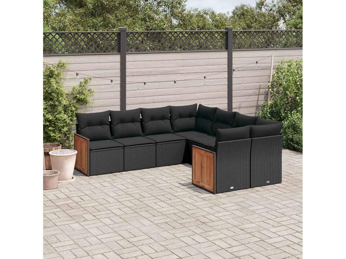 Vidaxl 8 Pcs Conjunto Sofás De Jardim Com Almofadões Vime Pe Preto