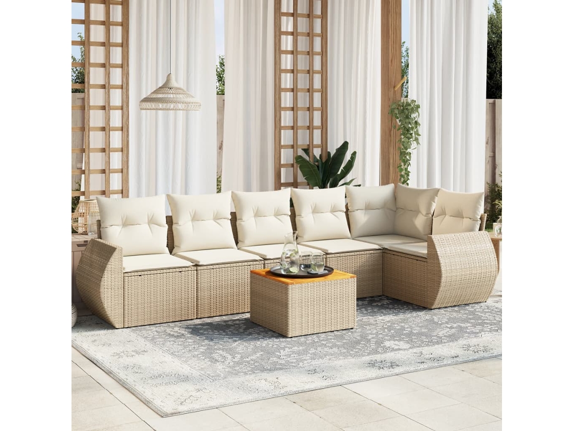 Vidaxl 7 Pcs Conjunto De Sofás P/ Jardim Com Almofadões Vime Pe Bege