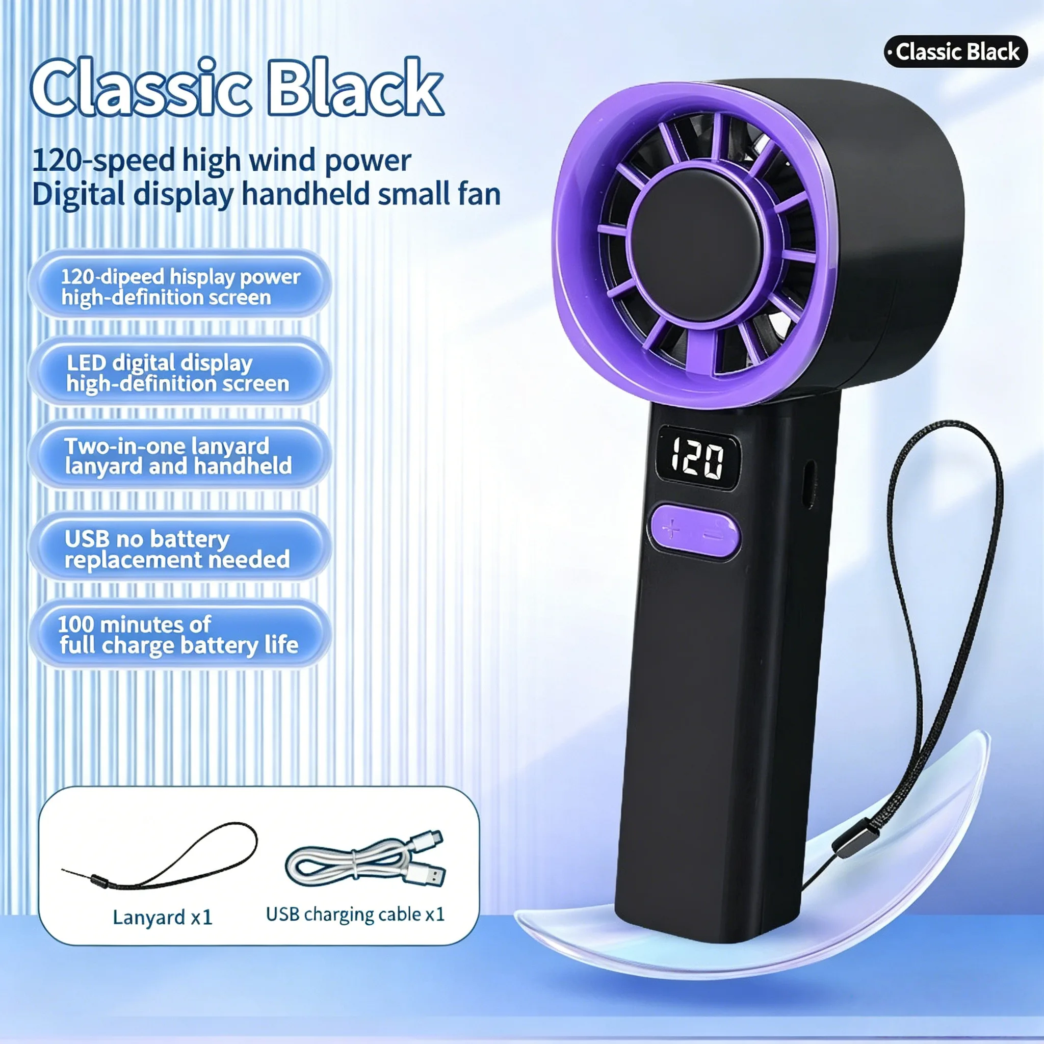 Mini Ventilador de Mão Recarregável MDUG com Tela Lcd (preto)