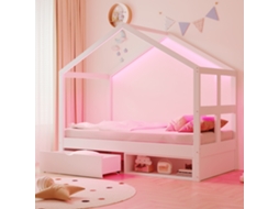 Cama De Madeira 90x190cm Com Gavetas Armário Sapatos Led Multicolor Latão Branco
