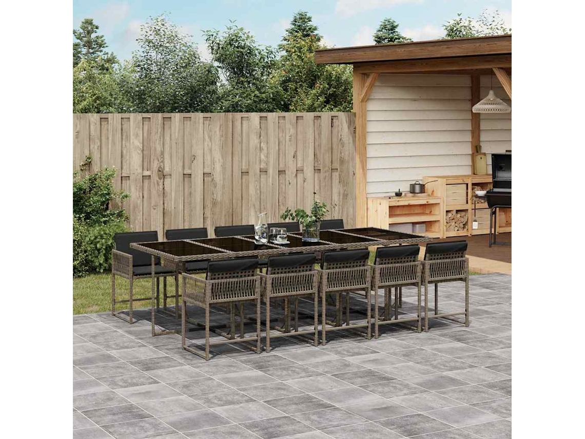 Conjunto 11 Peças Jantar P/ Jardim C/ Almofadões Vime Pe Cinza Dkd Home Decor