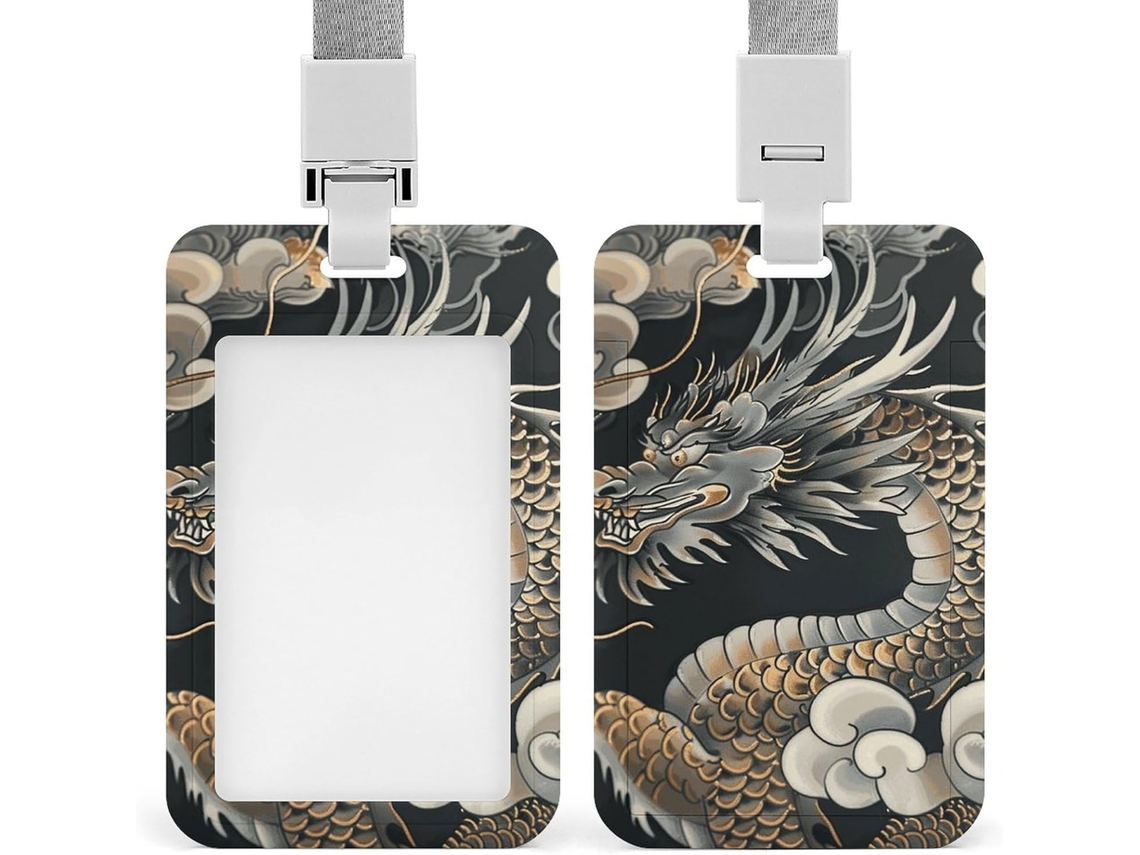 Porta-cartões Oriental Dragon Crachá, preto, vertical, com cordão, camada plástica impermeável.