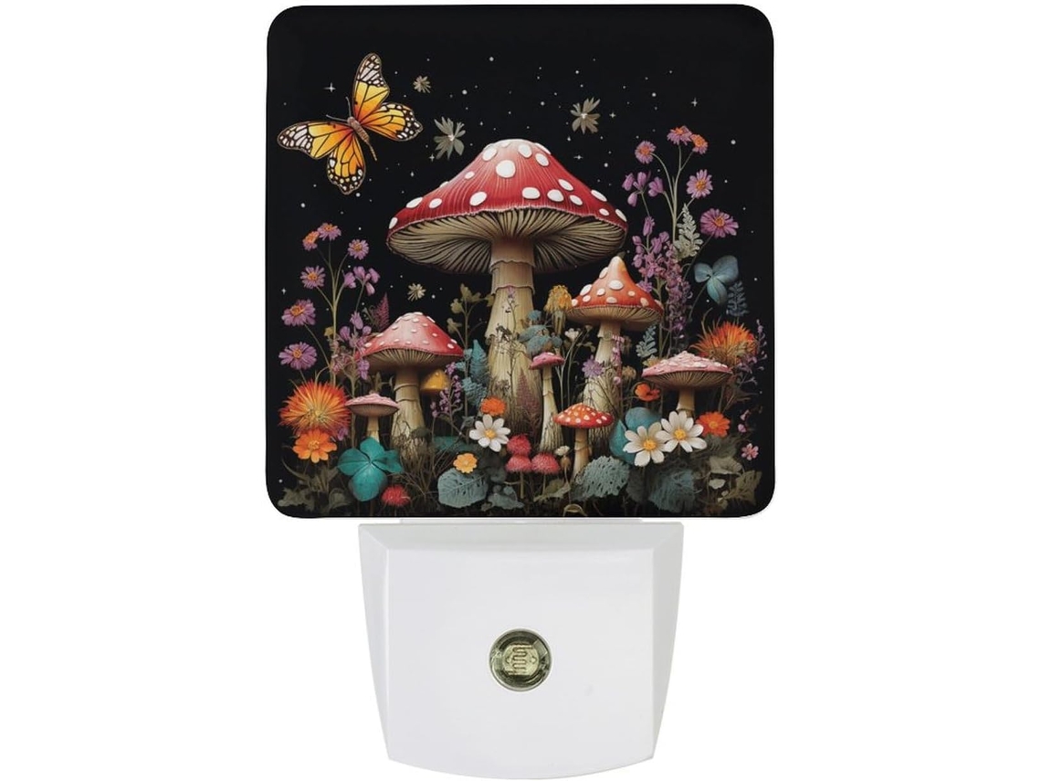 Luminária de parede LED com desligamento automático, em formato de cogumelo e borboleta, com sensor de movimento.