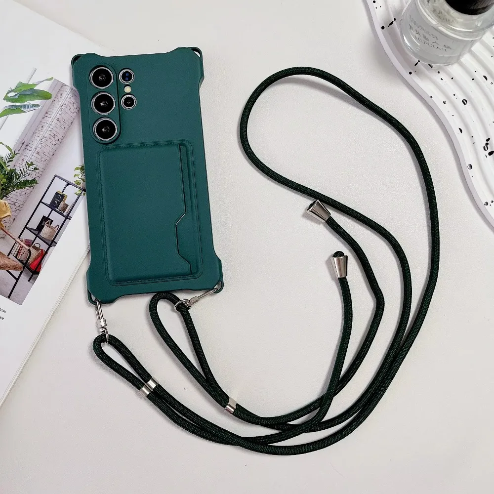 (verde, Galaxy S24 Ultra) Capa De Silicone Macio Para Celular Com Compartimento Para Cartão Sim, Cordão E Proteção Contra Impactos.