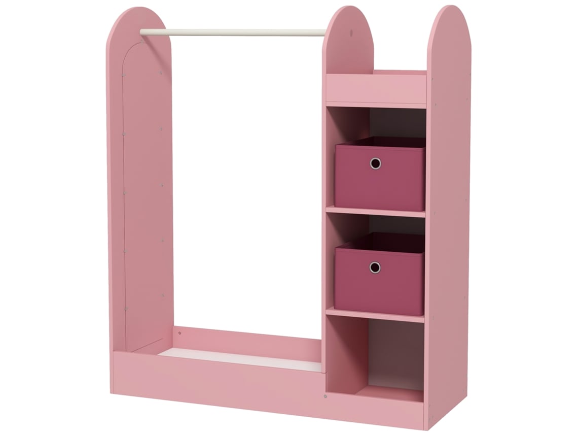 Cabideiro Infantil Com Prateleiras, Caixas E Espelho De Madeira, Rosa.