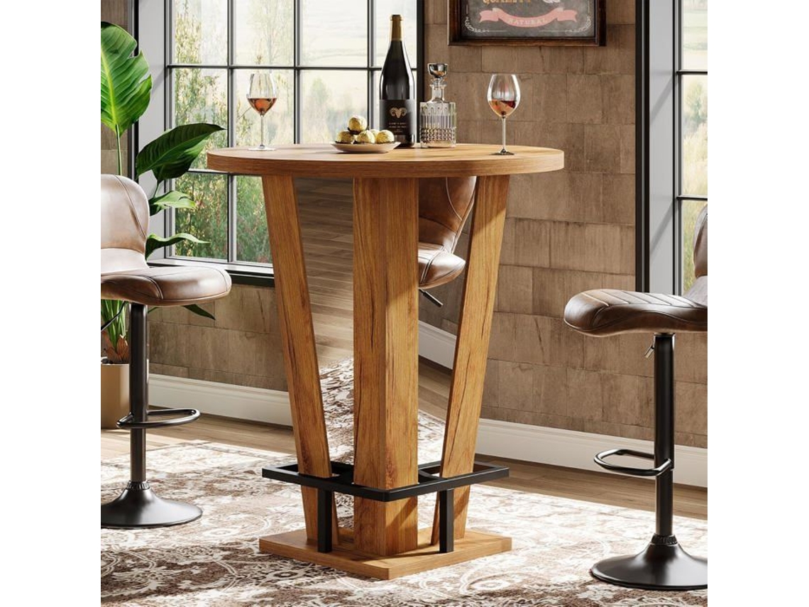 Mesa De Bar Redonda, Little Tree, 80×80×100 Cm, Mesa Alta De Estilo Bistrô Com Descanso Para Os Pés Em Metal Para Sala, Cozinha, Marrom
