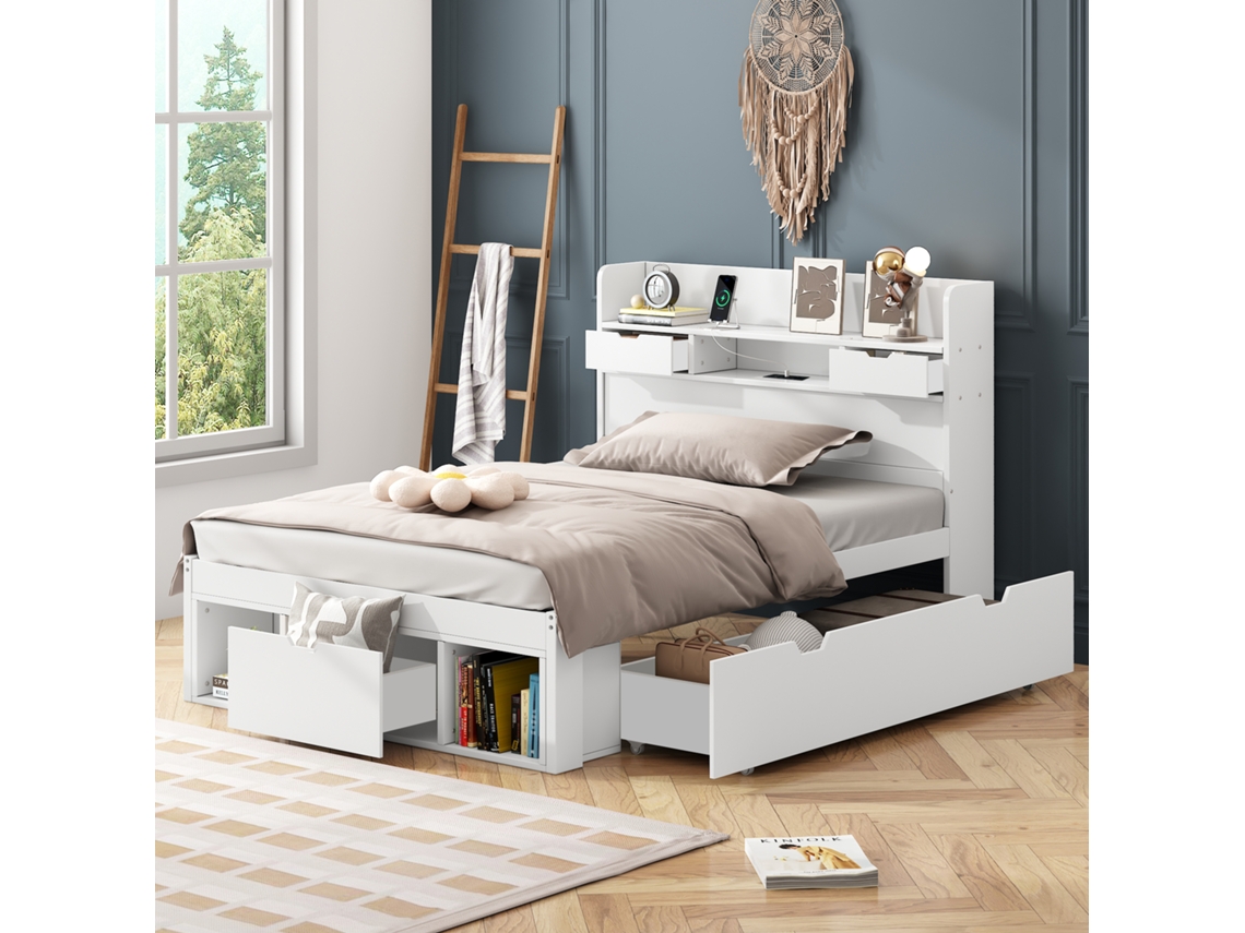 Cama Infantil Solteiro 90x190 Cm Com Usb, Gaveta, Arrumação Ampla E Design Multifuncional Juvenil Branco