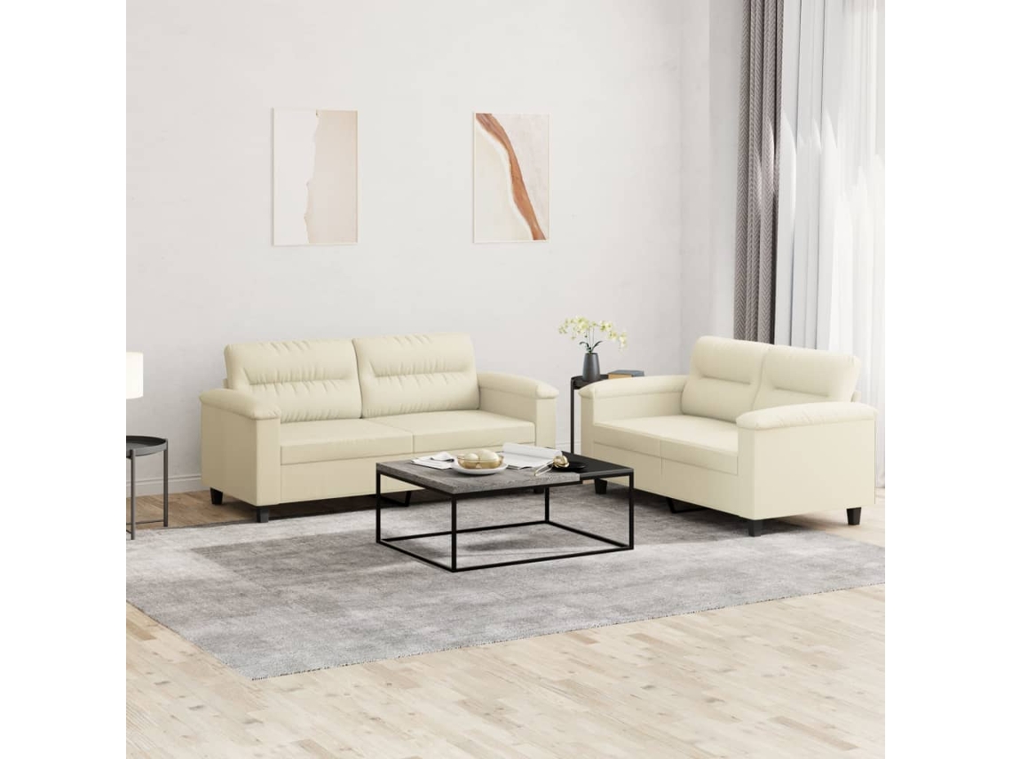 Vidaxl 2 Pcs Conjunto Sofás C/ Almofadões Couro Artificial Cor Creme