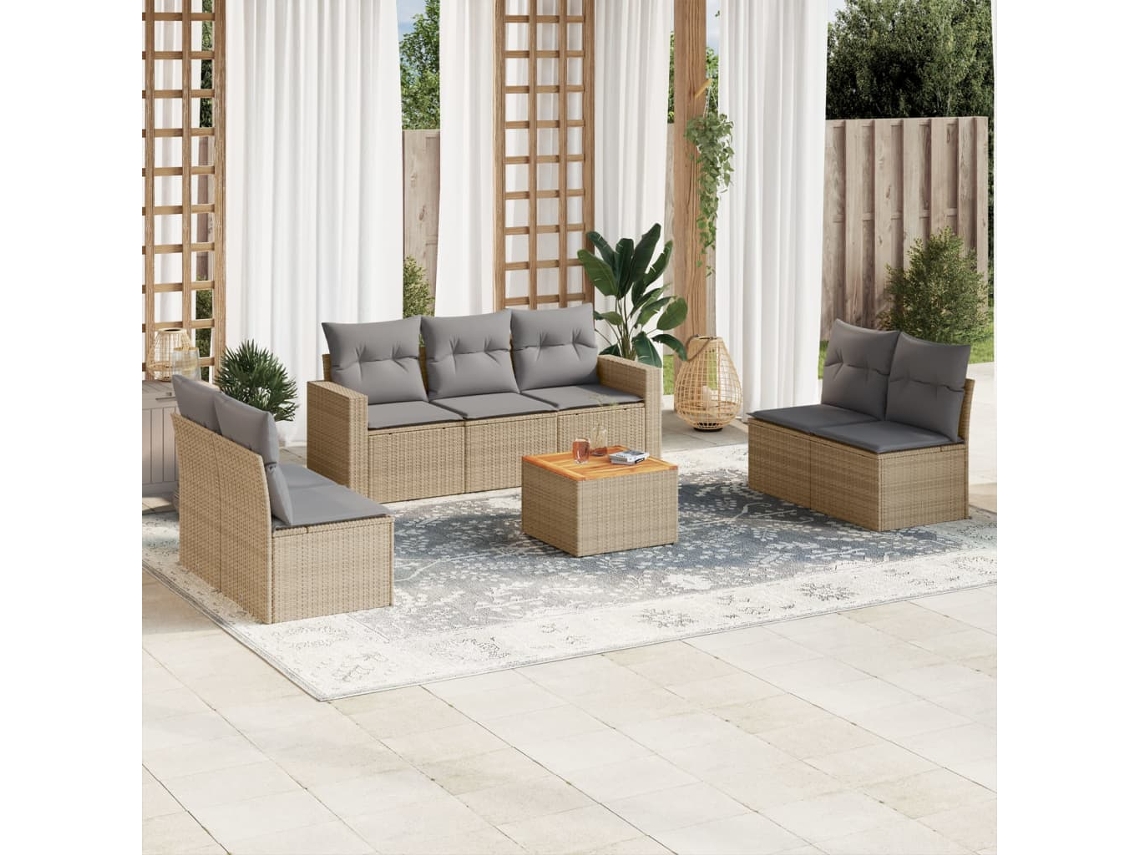 Vidaxl 8 Pcs Conjunto De Sofás P/ Jardim Com Almofadões Vime Pe Bege