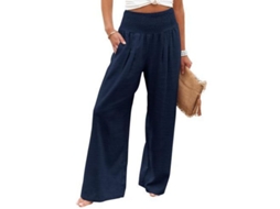 Calça casual feminina Rebe de cintura alta, pernas largas e elásticas, com bolsos, tamanho XL, azul marinho.