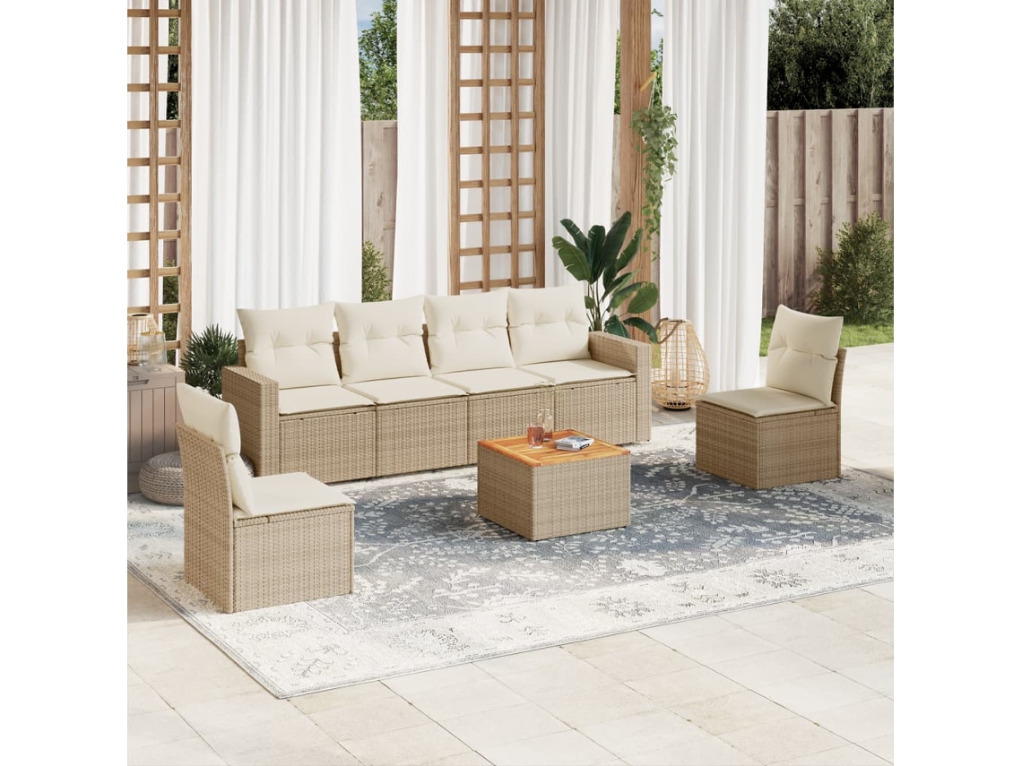Vidaxl 7 Pcs Conjunto De Sofás P/ Jardim Com Almofadões Vime Pe Bege