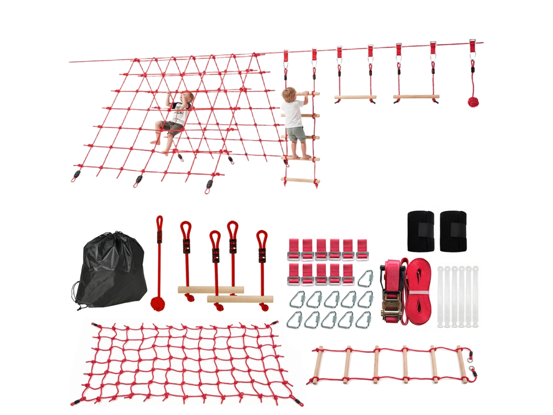 Conjunto Kids S/MARCA, 10m de anéis de ginástica, balanço, escada, para crianças de 3 a 6 anos, vermelho (1000x300x180cm)