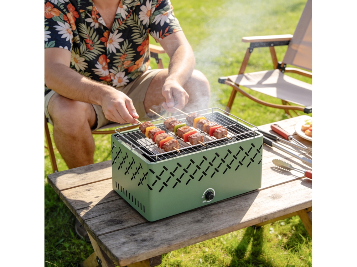 Barbecue A Carvão 45,5x29x21 Cm Com Ventilador Integrado, Temperatura Ajustável E Bandeja De Carvão, Verde-claro