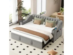 Sofá Cama 90/180x190 Cm Com Braços Largos Usb Prateleiras Bolsos Seda Cinza