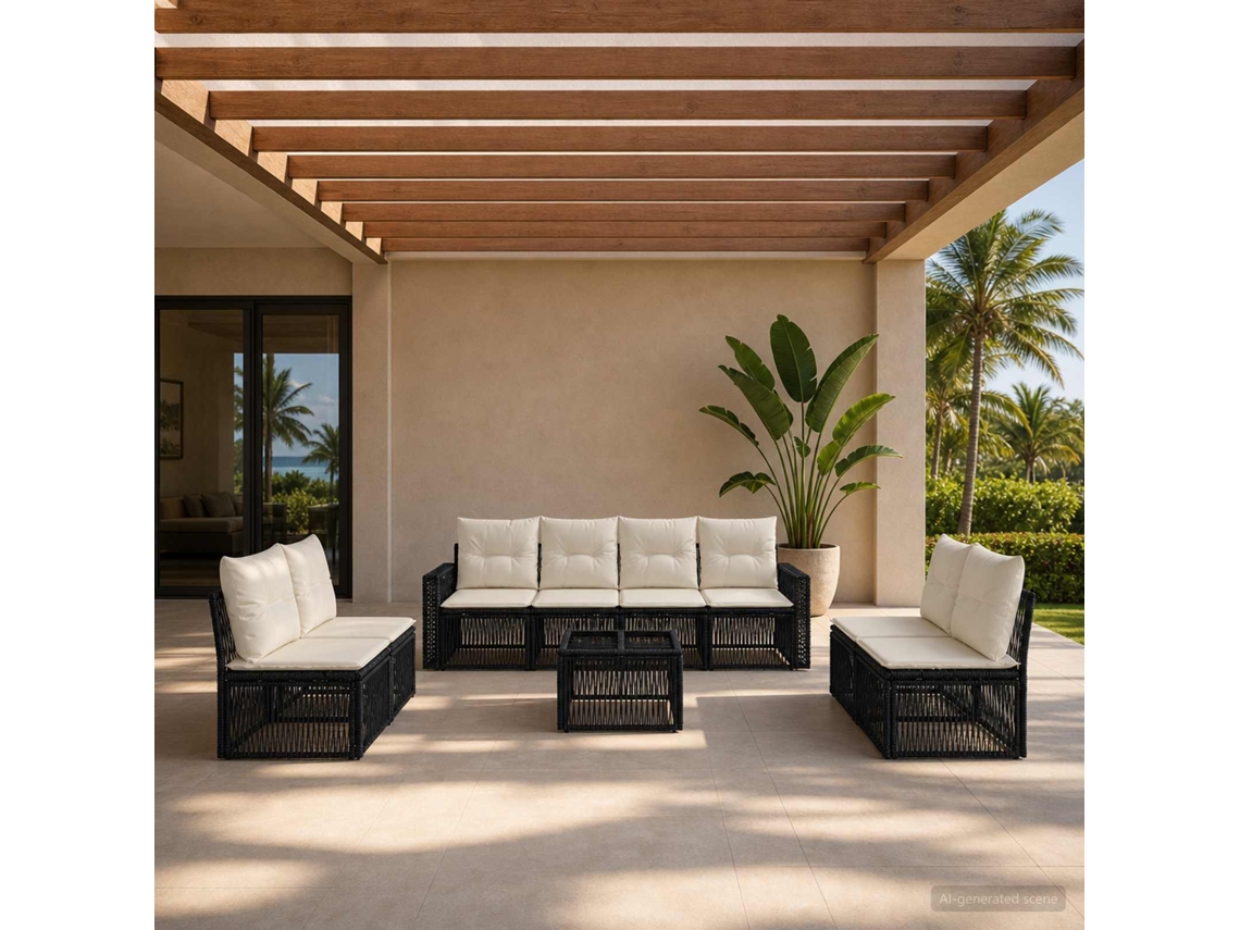 Vidaxl Conjunto De Sofá De Jardim 9 Unid. Preto E Branco Creme Vime Pe