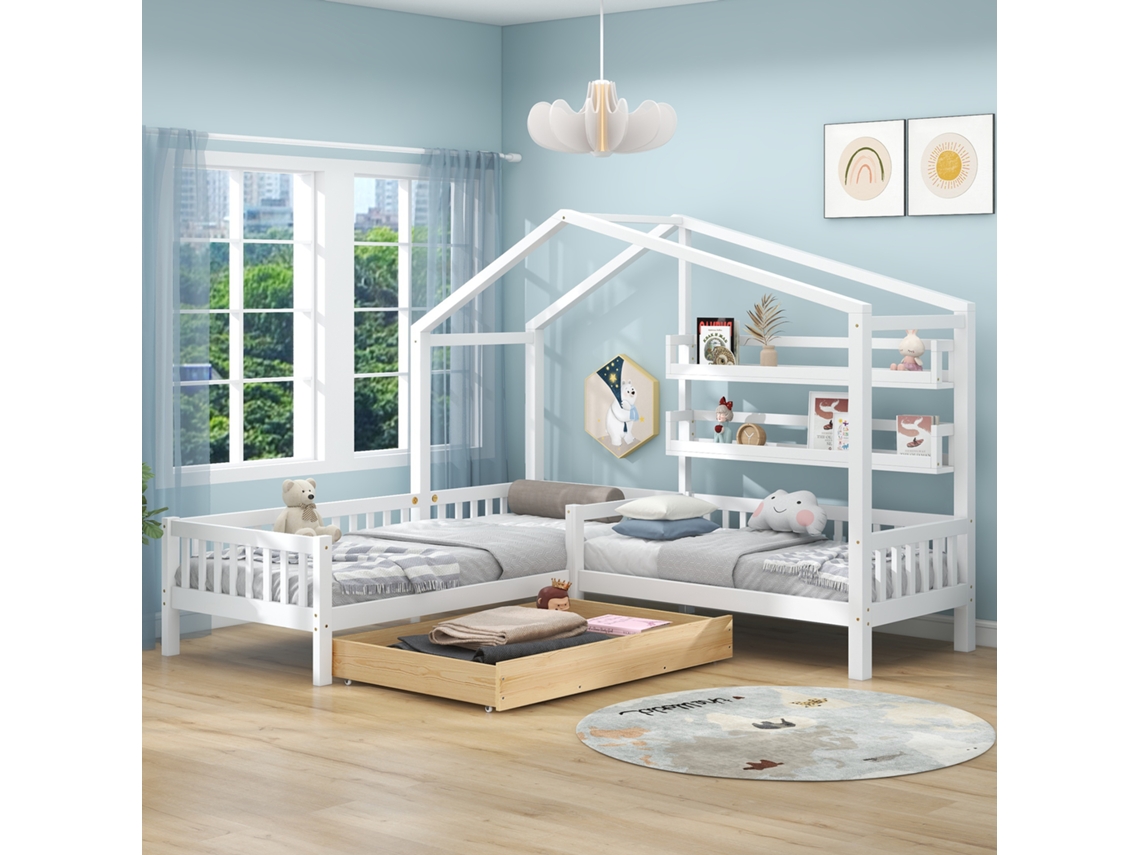 Cama Infantil Tipo Cabana, 90x200+140x70 Cm, Com Gavetas, Prateleiras, Grades De Proteção E Estrado De Ripas, Estrutura Em L, Madeira Maciça Branca.