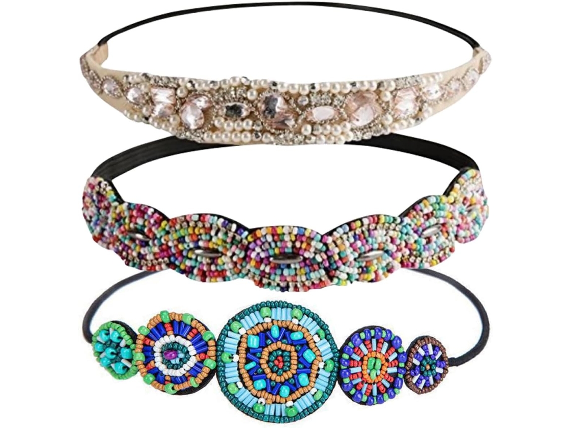 Ciieeo De 3 Faixas De Cabelo Elásticas Vintage Em Tecido Com Strass E Miçangas, Tamanho Único, Estilo
