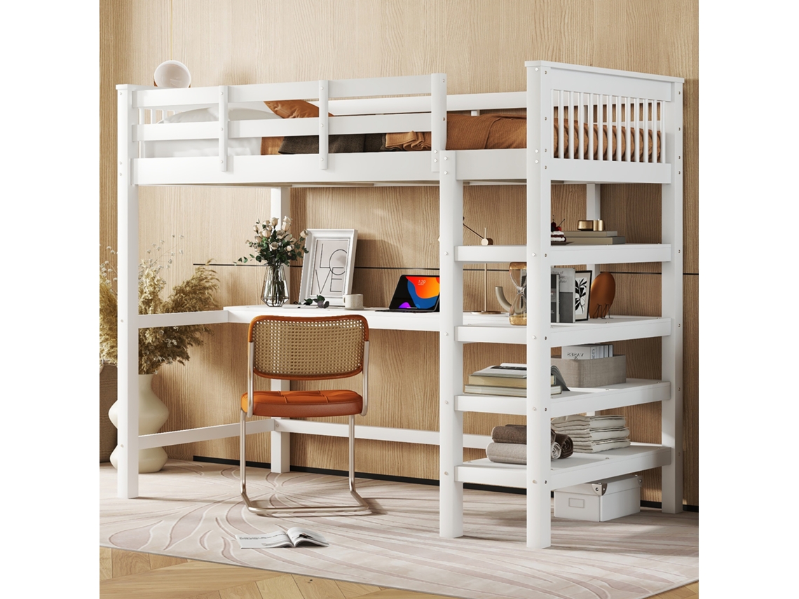 Cama Alta Infantil 90x200 Cm, Escrivaninha, Prateleiras, Madeira Branca VSOGA