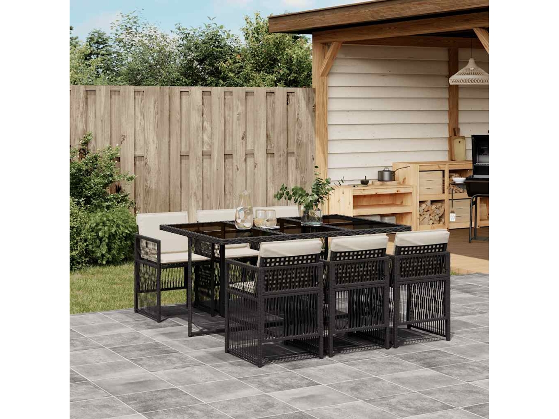 Vidaxl 7 Pcs Conjunto De Jantar P/ Jardim C/ Almofadões Vime Pe Preto