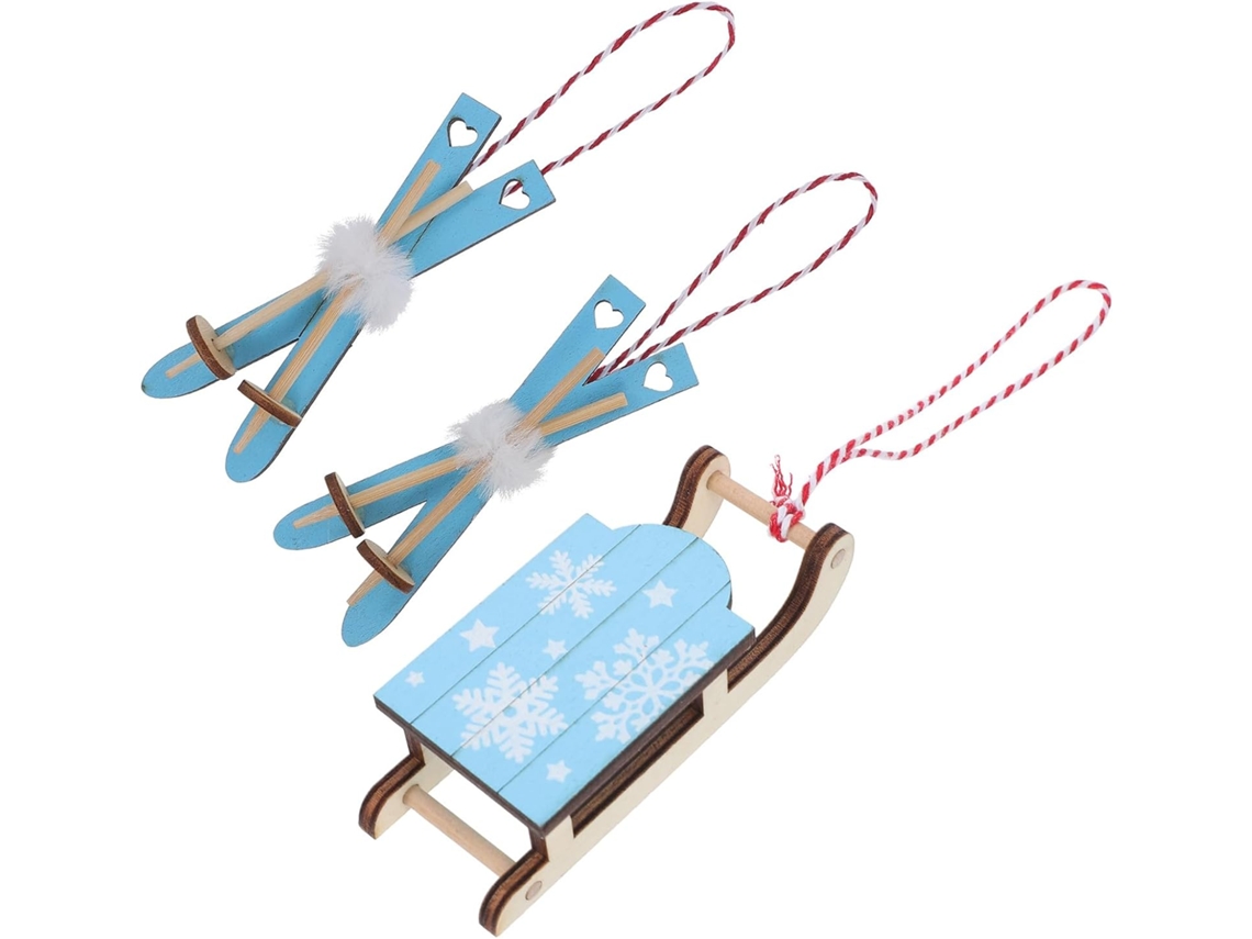 Conjunto 3 Enfeites Madeira Formato Trenó Decorações Clássicas Simples Árvore Natal Fáceis Pendurar Criam GOKOCO
