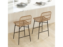 Conjunto De 2 Banquetas De Bar Com Encosto E Assento Em Vime Sintético, 43x56x101 cm, Marrom‑claro