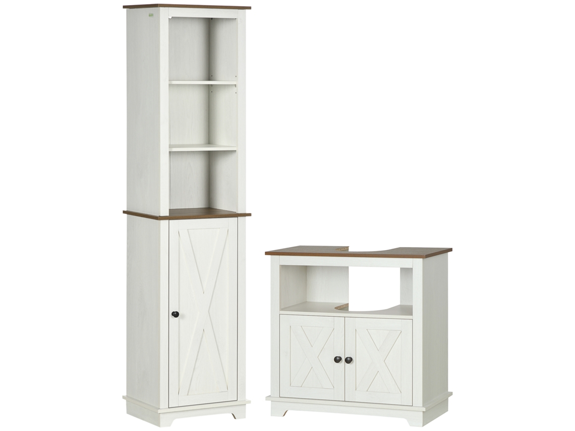 Conjunto Móveis Casa de Banho Melamina de Madeira Cor Branco e Madeira 39,5x30x160 cm Kleankin