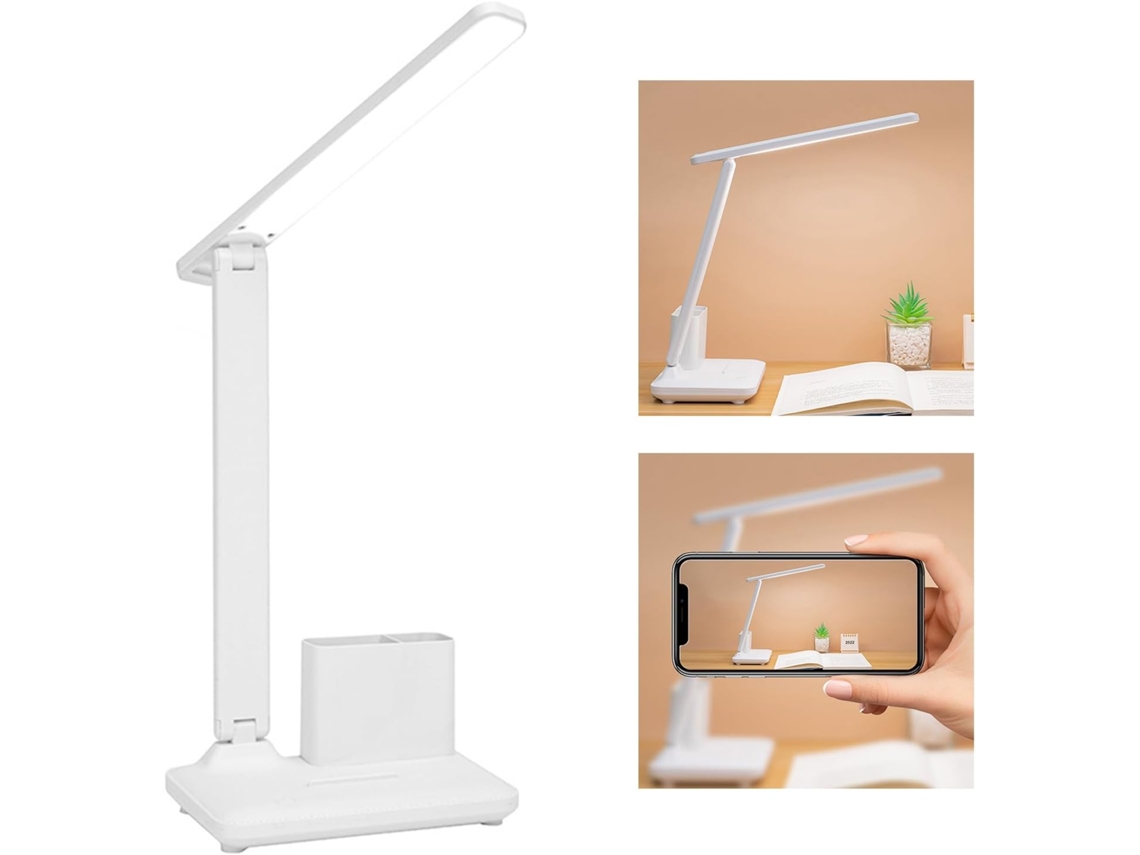 Luminária de mesa LED sensível ao toque, dupla, com brilho ajustável, suporte para garrafa e suporte para celular, ideal para mesas.
