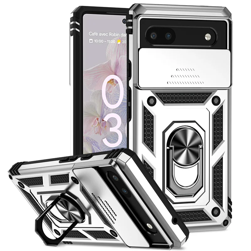 (prata, Google Pixel 9a) Capa Resistente Com Tampa Deslizante Para Câmera E Suporte De Anel Metálico Magnético Com Rotação De 360°