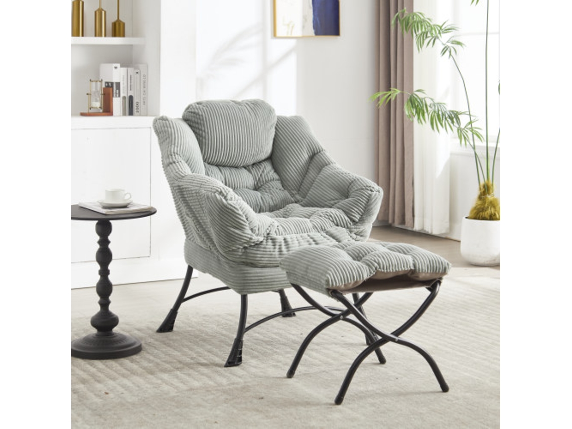 Poltrona moderna com pufe, pufe e bolso lateral, cadeira acolchoada para leitura e espaços pequenos, Liptaptyn verde claro