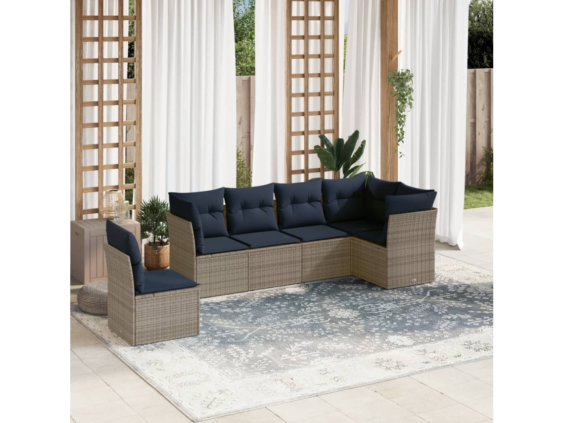 Vidaxl Conjunto De Sofá De Jardim Com 6 Peças E Almofadas Em Rattan Sintético Cinza