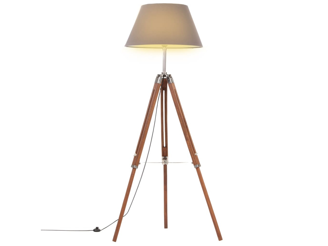 Vidaxl Candeeiro De Chão Tripé 141 Cm Teca Maciça Castanho Mel/cinza