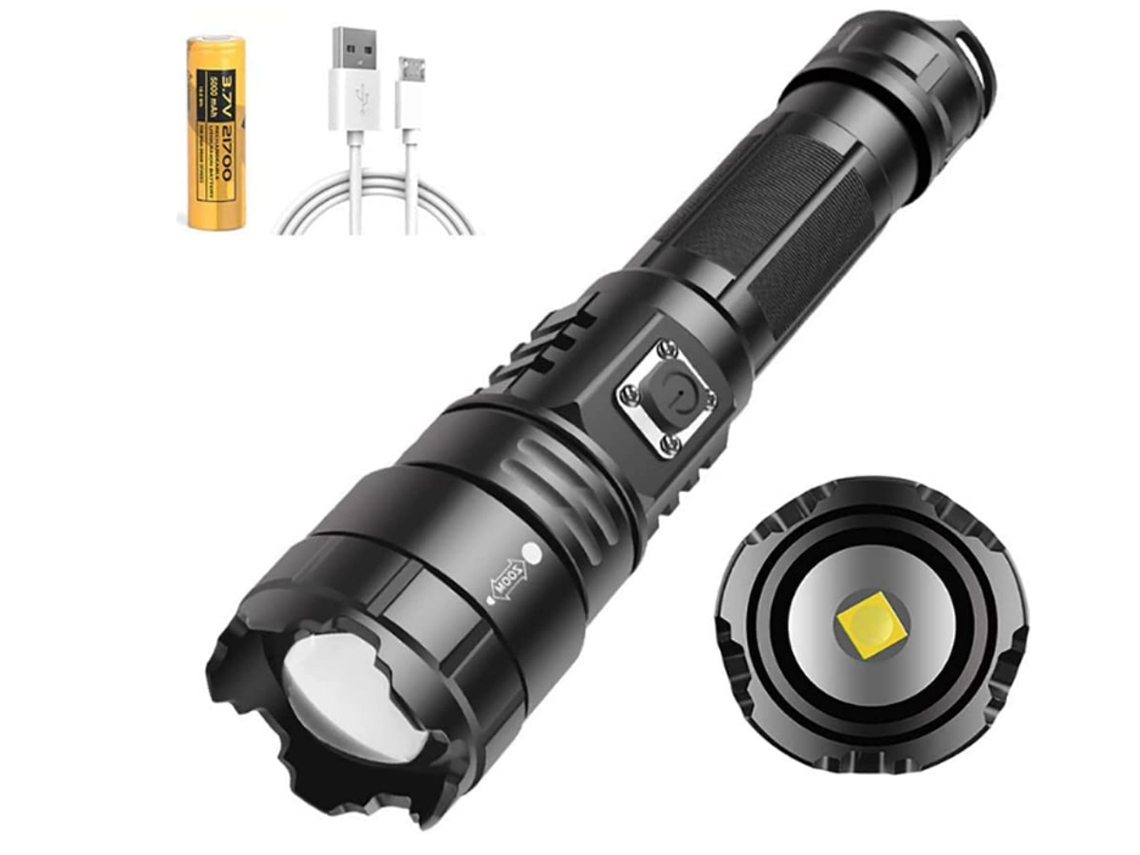 Lanterna Led Recarregável de 18000 Lúmens Super Brilhante Xhp70 Lanterna Tática 5 Modos com Zoom À Prova D'Água para Camping Caminhadas Preta YIZHOOD
