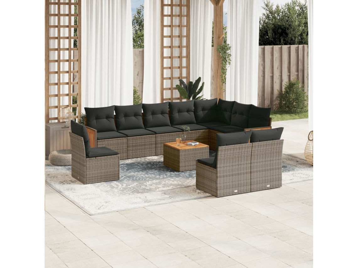 Vidaxl 11 Pcs Conjunto Sofás De Jardim C/ Almofadões Vime Pe Cinzento