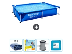 Piscina Retangular de Aço Pro BESTWAY 221 X 150 X 43 Cm Azul Incluída Vela Solar Pacote de Manutenção Bombear Ladrilhos