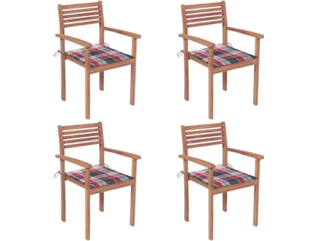 Cadeiras jardim c/ almofadões xadrez vermelho 4 pcs teca maciça