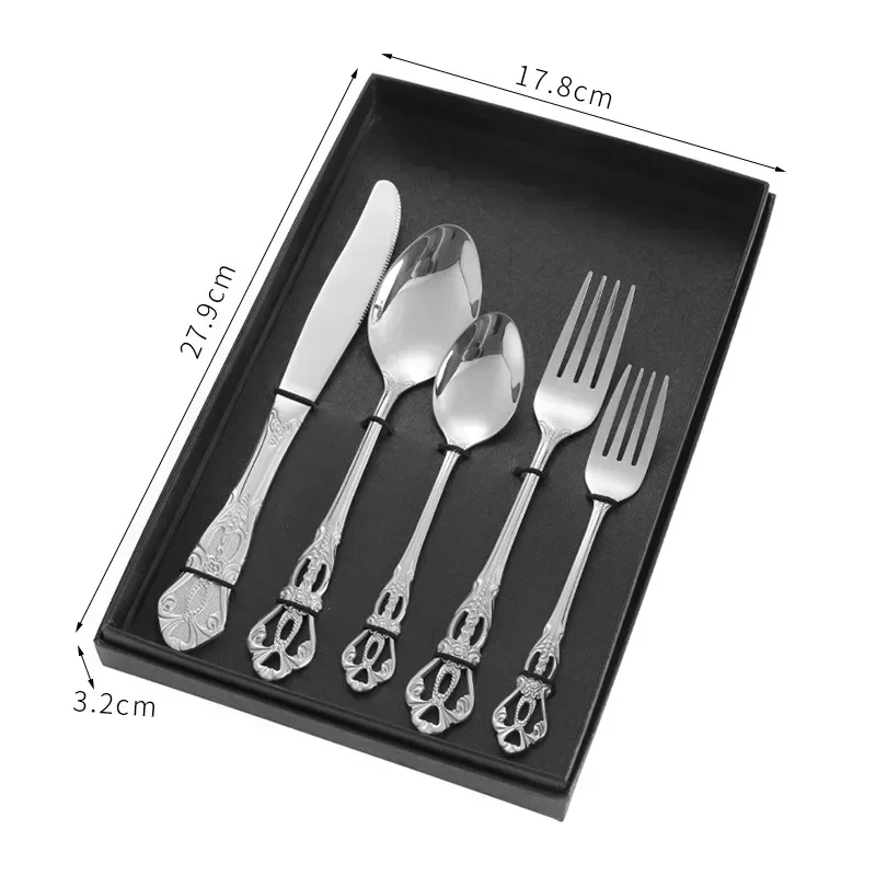 Conjunto de Talheres de Aço Inoxidável com Colher e Garfo Europeus Reais, Design Vintage, Lavável na Máquina de Lavar Louça MDUG (prata, 5 Peças)