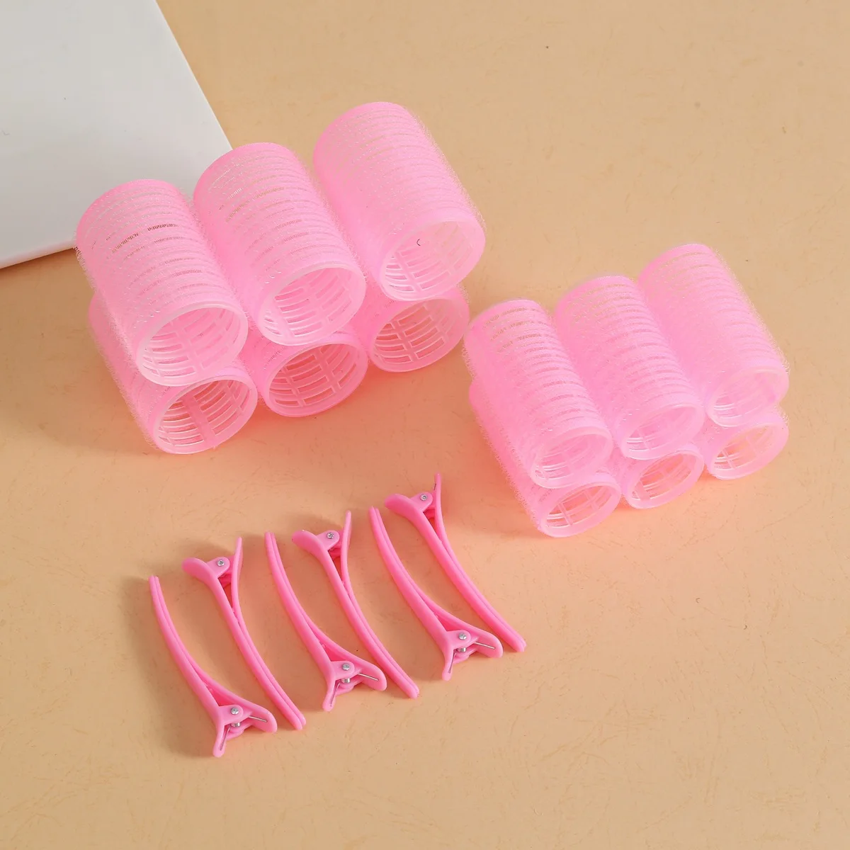 (rosa) Seis Modeladores De Cachos De 4 Cm E Seis De 3 Cm, Com Seis Presilhas De Cabelo.