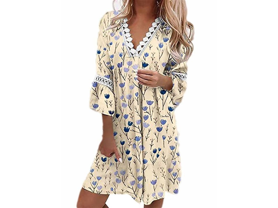 2026 vestido Boho de Manga 3/4 Cuello V Corto para Verano Vacaciones Playa Holgado