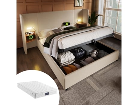 Cama Estofada 160x200 Cm - Cama Com Mesa De Cabeceira, Candeeiro De Leitura, Usb Tipo C, Arrumação, Madeira Maciça E Metal - Bege, Linho, Com Colchão