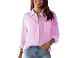 Camisa Feminina Listrada Com Botões, Gola V, Manga Longa, Casual E Formal, Algodão Leve E Confortável Rosa