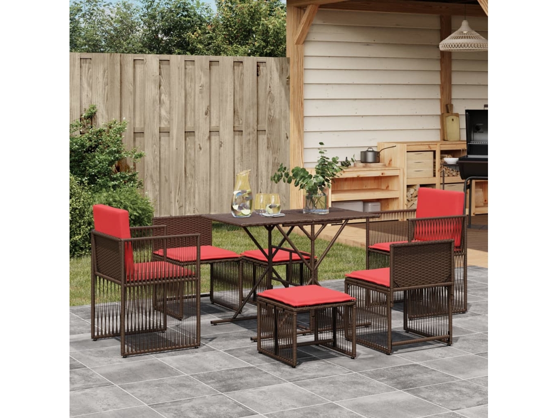 Vidaxl Conjunto De Jantar Para Jardim Com 7 Peças E Almofadas Em Rattan Sintético Marrom